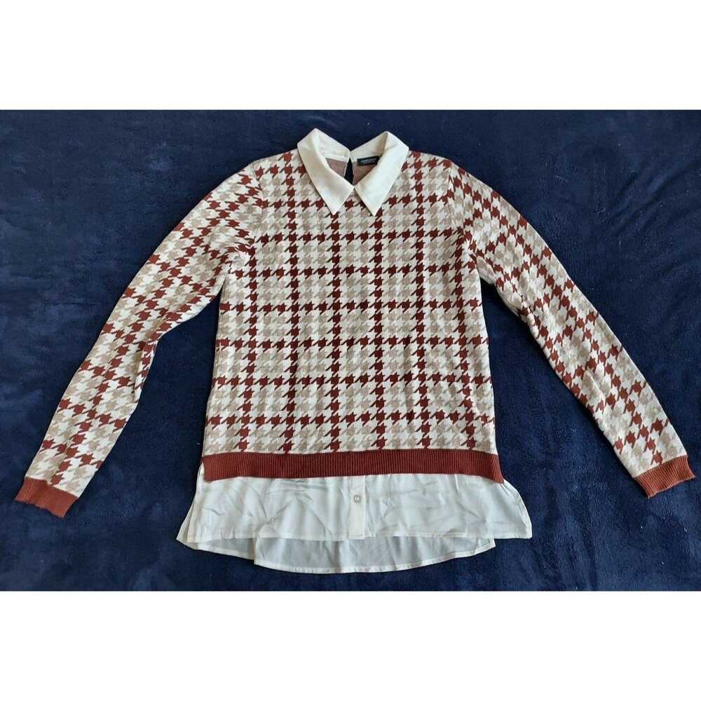 Ladies Jones & Co. Brown/Cream Houndstooth LS Sweater W/Satin Collar Size XS